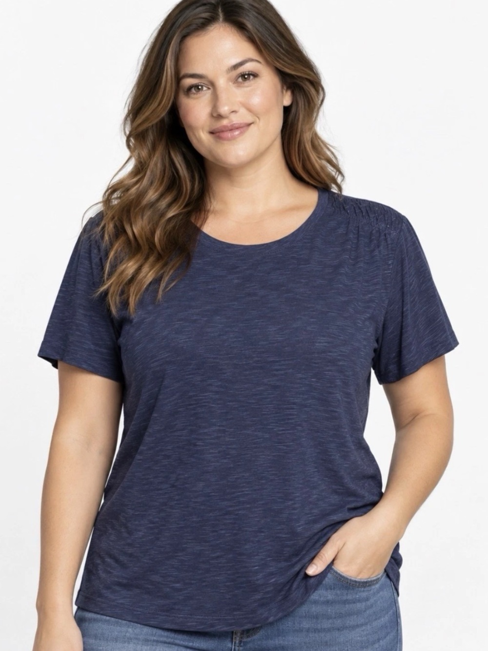 Denim & Co. Essentials Linen Blend Top Smocking Detail Navy Size L A722376